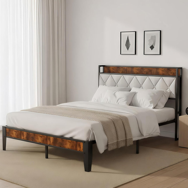 Lit plateforme avec tête de lit tapissier réglable, aucun sommier nécessaire, Gris foncé, Lit double
