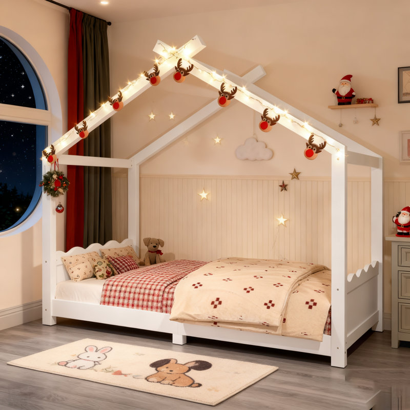 Lit de maison avec lattes de soutien, structure en bois massif pour enfants, aucun sommier requis, assemblage facile
