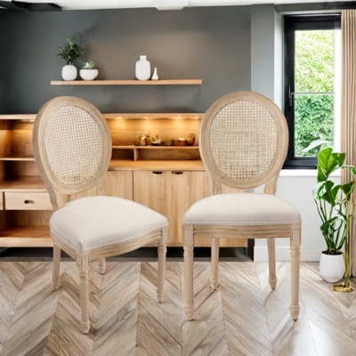 Chaise de salle à manger moderne 2 pièces avec structure en bois massif et dossier en rotin naturel