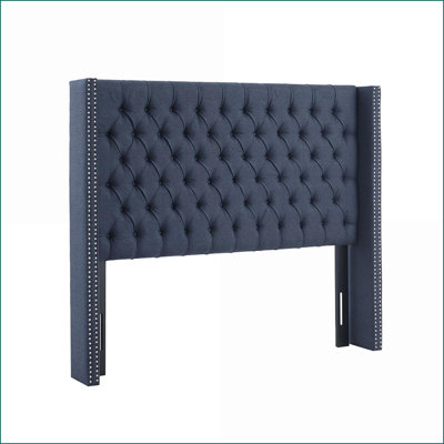 Queen Size Upholstered Headboard - Navy Blue Polyester Wingback with Button Tufting, Adjustable Height Metal Legs for Bedroom