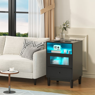 Nightstand With Charging Station, End Table With Glass Drawers, Night Stand With Led Lights, Wood Bedside Tables For Bedroom