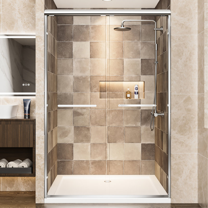 Aluminum Frame Double Sliding Shower Door, 72" H, 48" W, 1/4"  6Mm  Tempered Glass With Film, Stainless Steel Handles, Adjustable And Easy To Install In Bathroom Clear - Breakage Reversible Width For