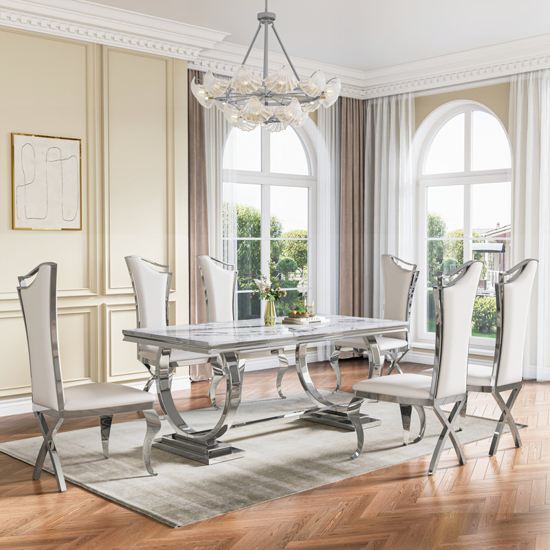 7 Pieces Luxury Kitchen Dining Table Set Of 6,70”Faux Marble Top With U-Shape Metal Base Dining Table For Kitchen, Dining Room