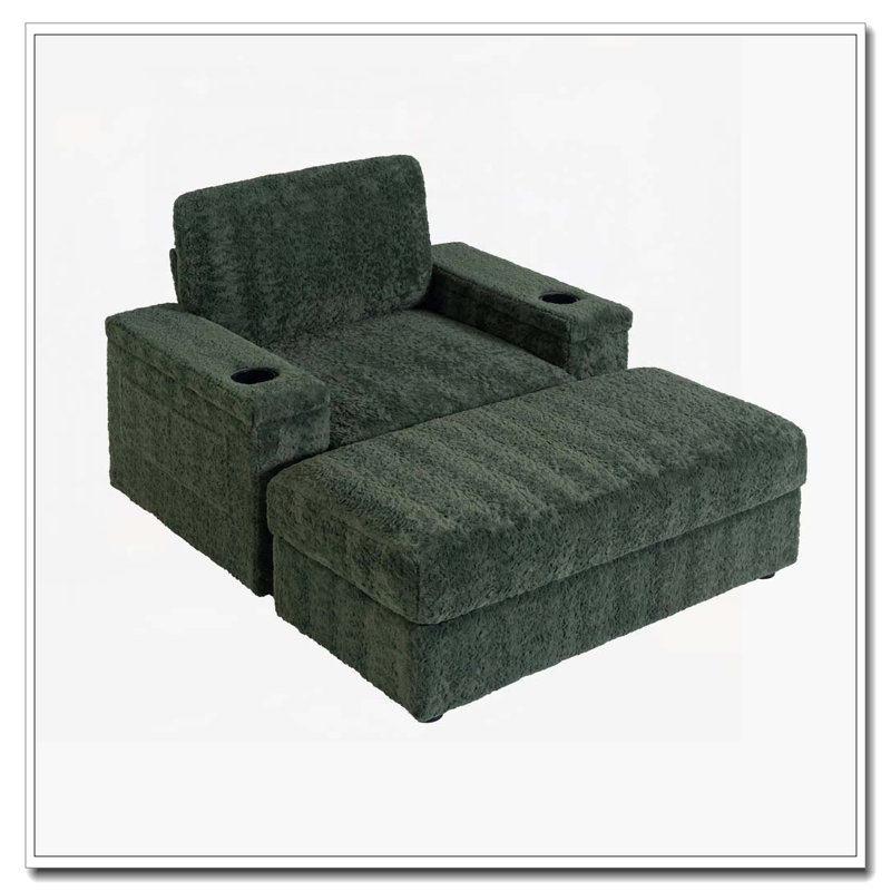 42" Oversized Upholstered  Sleeper Chair Chaise Lounge with Storage Ottoman and Armrests,Cup Holders, Green