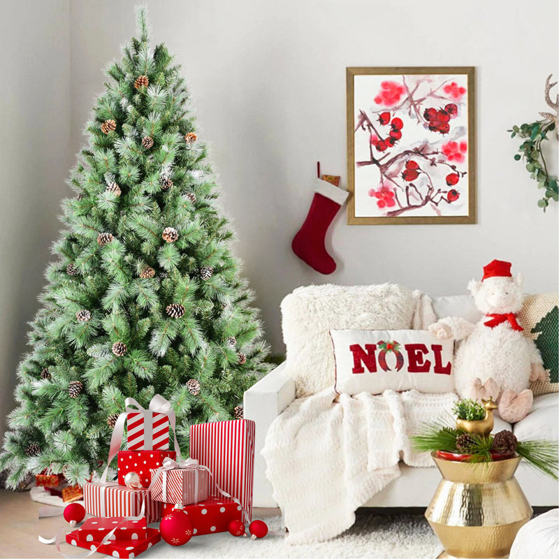 Arbre de Noël 5 pi avec 51 pommes de pin - 694 pointes, branches mixtes en PVC et aiguilles dures, structure à charnières pour une installation facile, support en métal robuste - arbre de Noël réaliste
