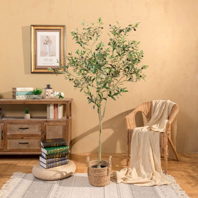 Artificial Olive Tree For Living Room Decor,  Tall Faux Silk Plant Artificial Tree In Potted Oliver Branch Leaves And Fruits For Modern Home Decor Indoor