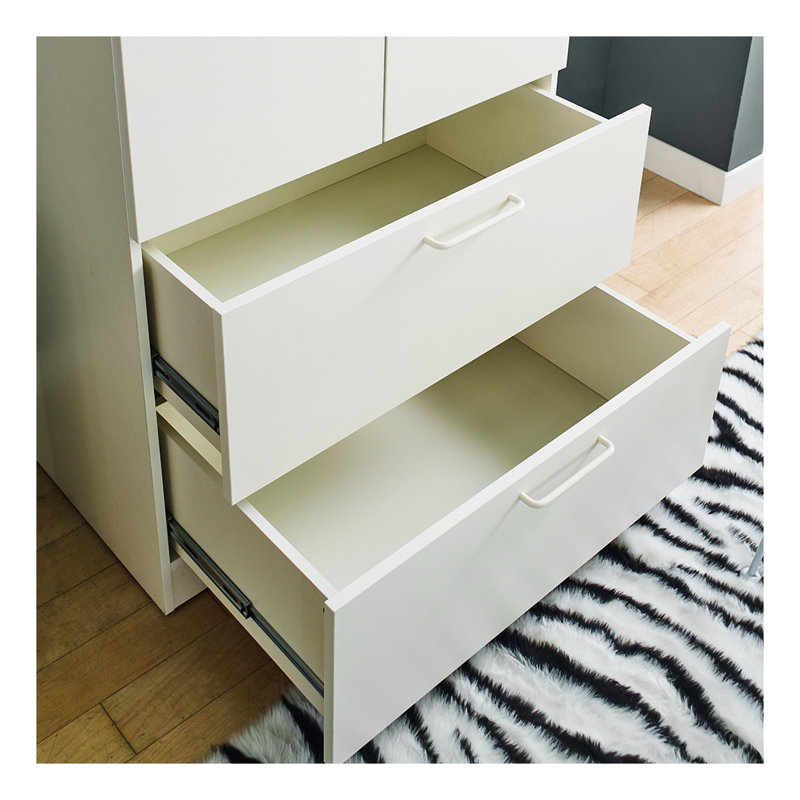 Armoire en bois à deux portes avec deux tiroirs et barres de suspension blanches Emma