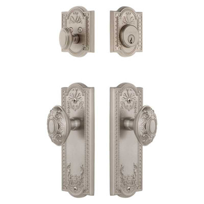 Grandeur Parthenon Long Plate Entry Set with Grande Victorian Knob in Satin Nickel