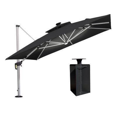 Parasol carré SelvIn 132 avec lumières solaires et base au sol, noir