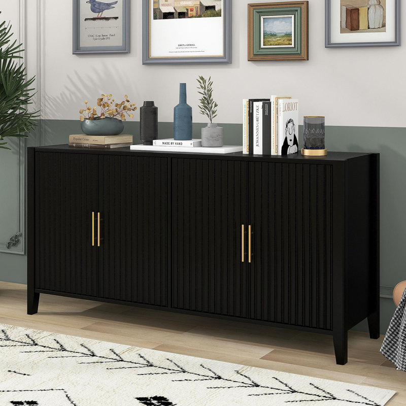 Buffet à lattes ondulées verticales 63,1 po à 4 portes verticales, armoire de rangement au design élégant, pieds en bois massif avec poignées peintes en métal, pour la salle à manger, le salon, la cuisine ou le vestibule (noir)