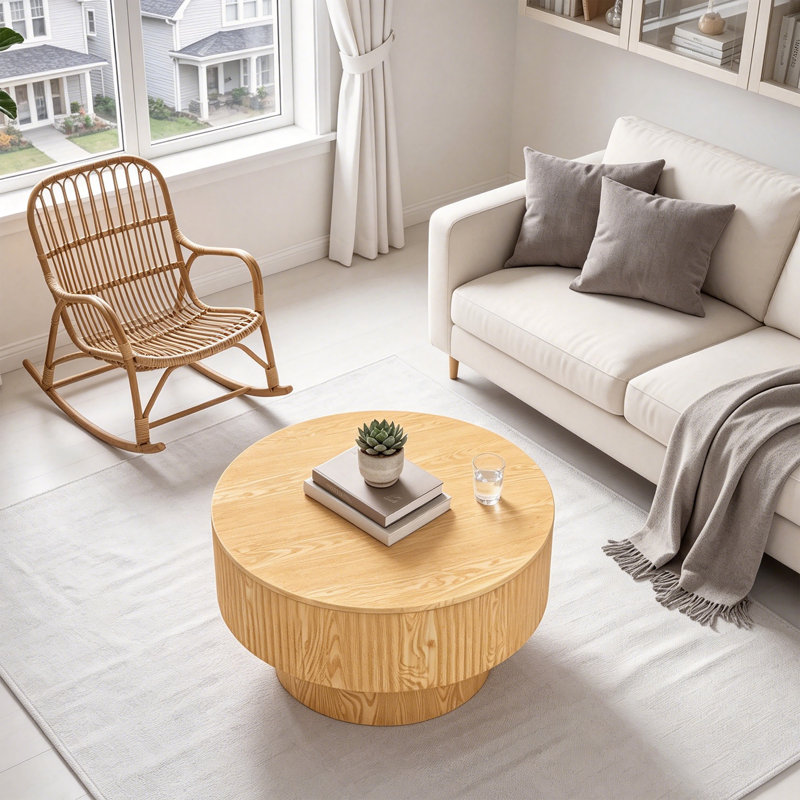 29.5" Modern Round Mdf Coffee Table With Vertical Stripe Design And Hidden Storage, Natural Wood