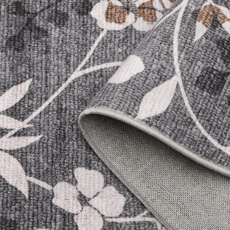 Modern Low Pile Floral Rug for Living Room, Kitchen and Bedroom, Gray, Rectangle 5' x 7'