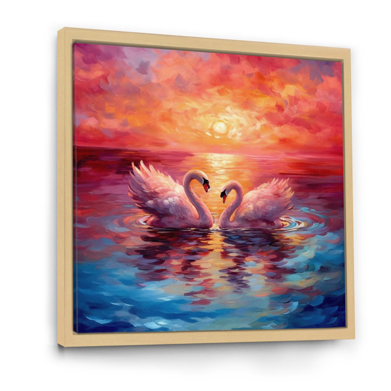 Swans In Love Reflection At Majestic Sunset, H 16 po x l 16 po, Cadre naturel flottant