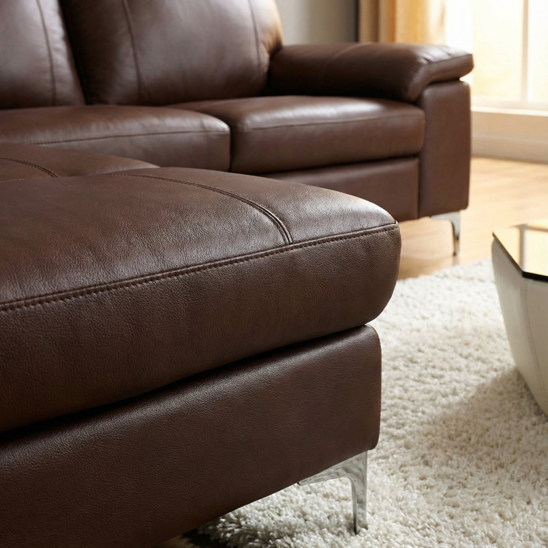 Canapé modulaire contemporain en cuir véritable Dallas avec méridienne faisant face à la gauche, brun 80 po x 98 po