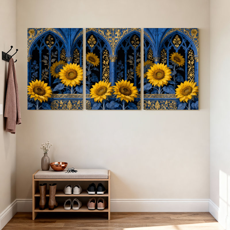 Plantes et fleurs, tournesols en arche gothique avec accents bleus et dorés, ensemble de 3 impressions sur toile