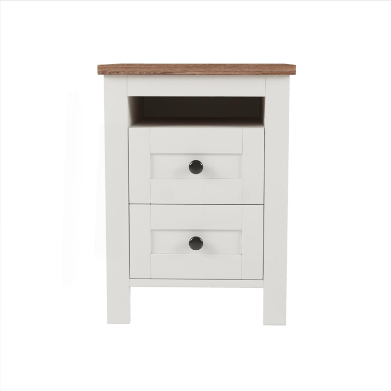 Ensemble de chambre à coucher 3 pièces avec lit plateforme grande ferme avec tête de lit double à porte coulissante, table de chevet et commode, blanc et brun