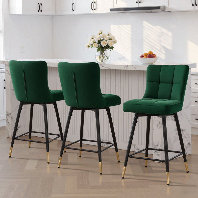 26"Swivel Upholstered Bar Stool, Velvet Green