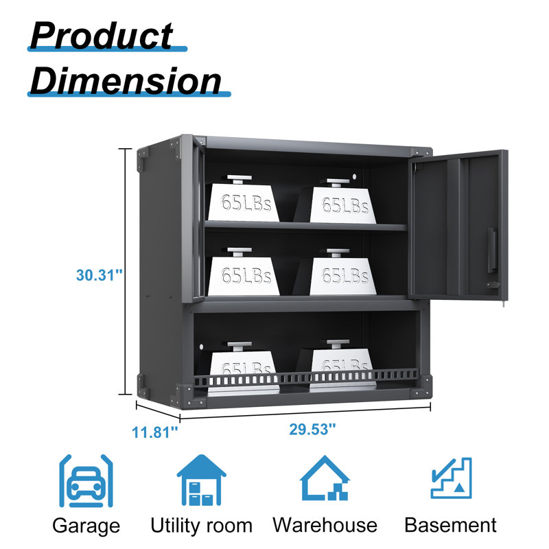 Ensemble de rangement pour garage en 3 pièces : armoires métalliques à roulettes, armoire murale, coffre à outils à 3 tiroirs sur roulettes, armoire à panneaux perforés haute et organisateur de coffre à outils verrouillable.