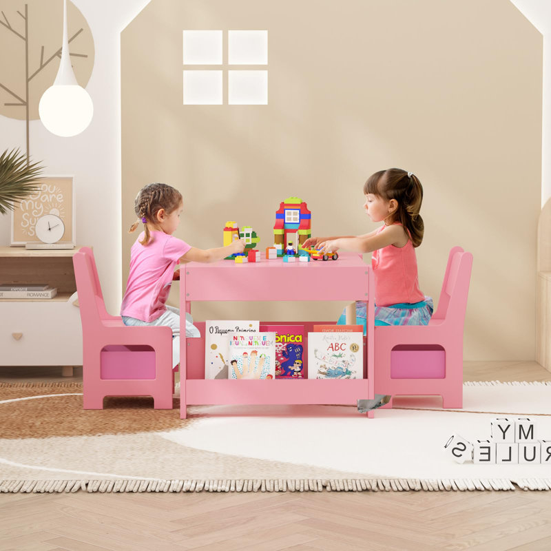 Ensemble de 3 tables d'activités en bois aggloméré rose avec 2 chaises et une bibliothèque pour les enfants