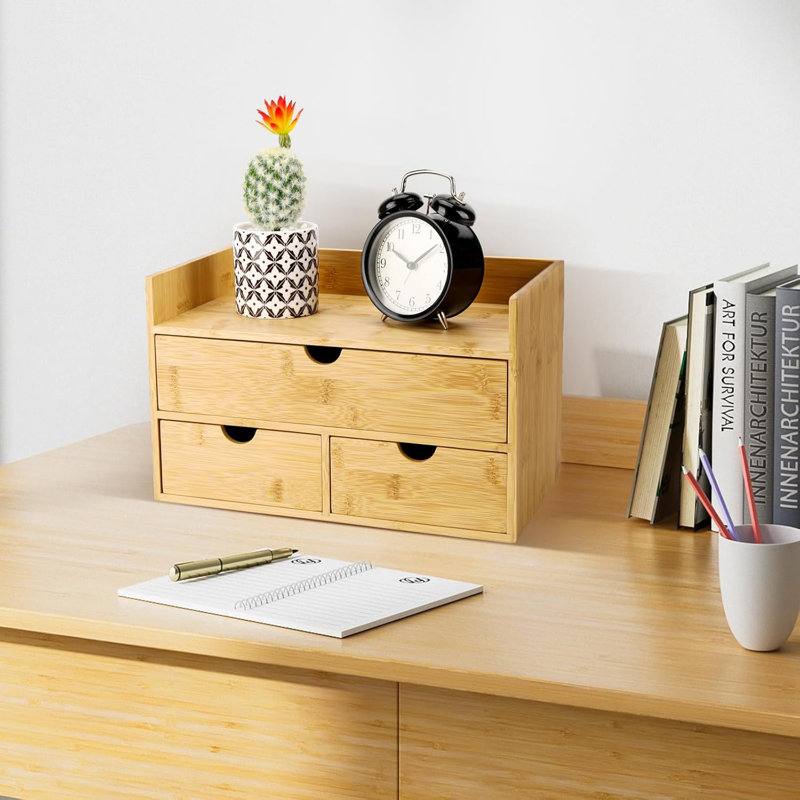 Organisateur de bureau à 3 niveaux en bambou avec 3 tiroirs - Rangement sans assemblage pour le bureau, la coiffeuse et la maison