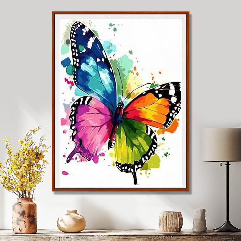Papillon, arc-en-ciel, bonheur - Art mural papillon, Toile avec cadre brun, H 40 po x l 30 po x P 1,5 po