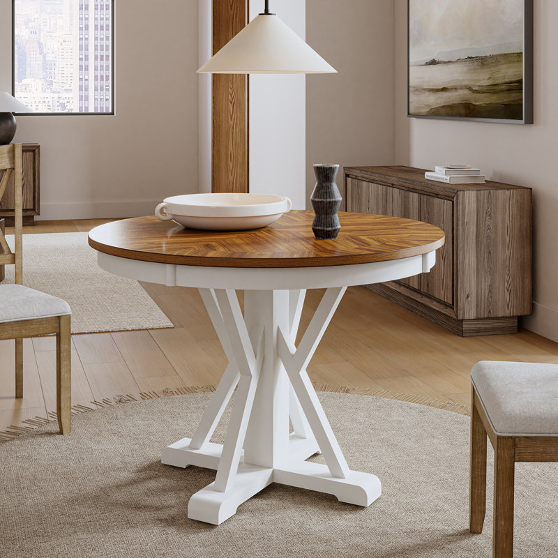 Amoz 42" Pedestal Round Solid Wood Frame Dining Table, Dark Brown Wood/White