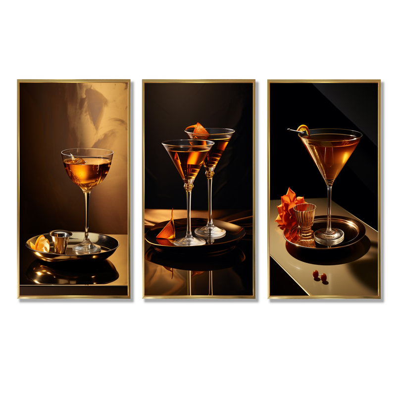 Soirée Sidecar - cocktail en bronze, Cadre flottant doré, H 28 po x l 36 po