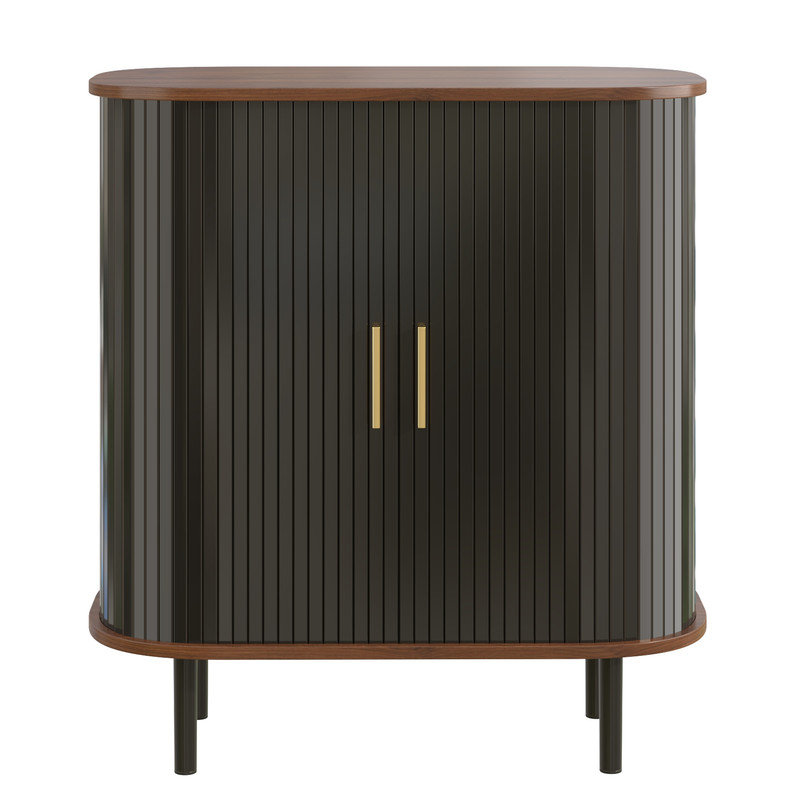 28" Fluted Wine Bar Cabinet with 8-Grid Wine Rack, 5-Level Adjustable Shelves, 2 Glass Holders, Smoothly Sliding Tambour Doors, 4 Hidden Storage Space on the Side, Modern Liquor Coffee Station, Black