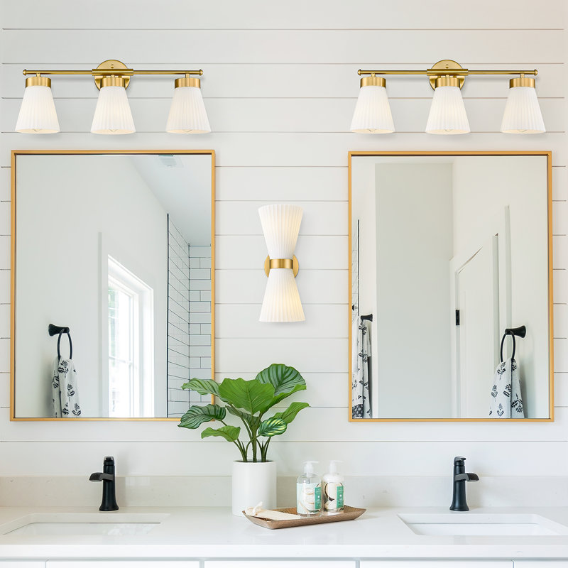 Dimmable Vintage Vanity Light, Clear Striped Glass, 9.80" H x 24.10" W x 6.90" D, 3, Brushed Gold