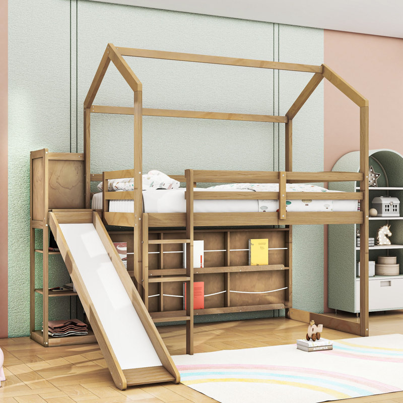 Lit mezzanine simple en bois avec glissoire et rangement, Bois