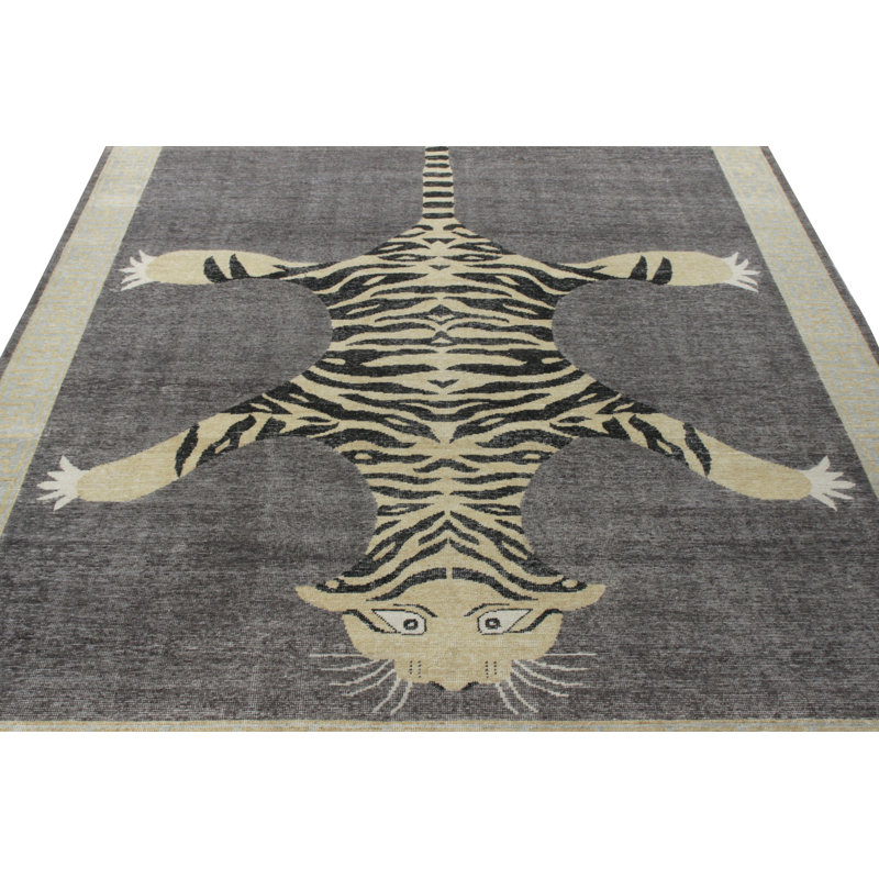 Rug & Kilim’S Distressed Custom Tiger Rug In Gray, Beige Black Pictorial Pattern, Rectangle 13' x 19'