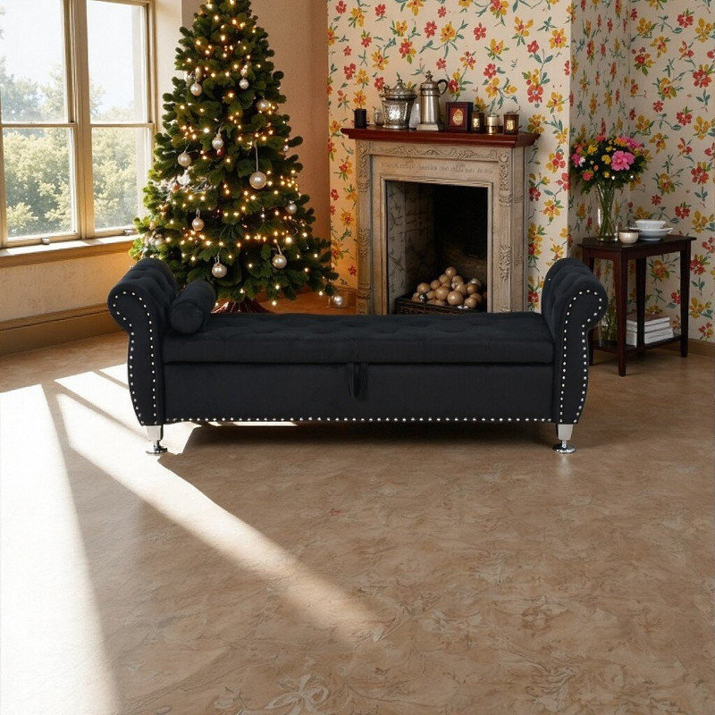 Velvet Upholstered Storage Ottoman Bench With Crystal Buttons, Wood Frame, Metal Legs, Black