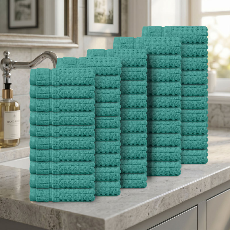 Willow 50 Pieces Washcloth Towel Set – 100% Combed Cotton, Premium Quality 630 GSM, Turquoise, Ultra-Soft & Highly Absorbent (50 Wash Towels)
