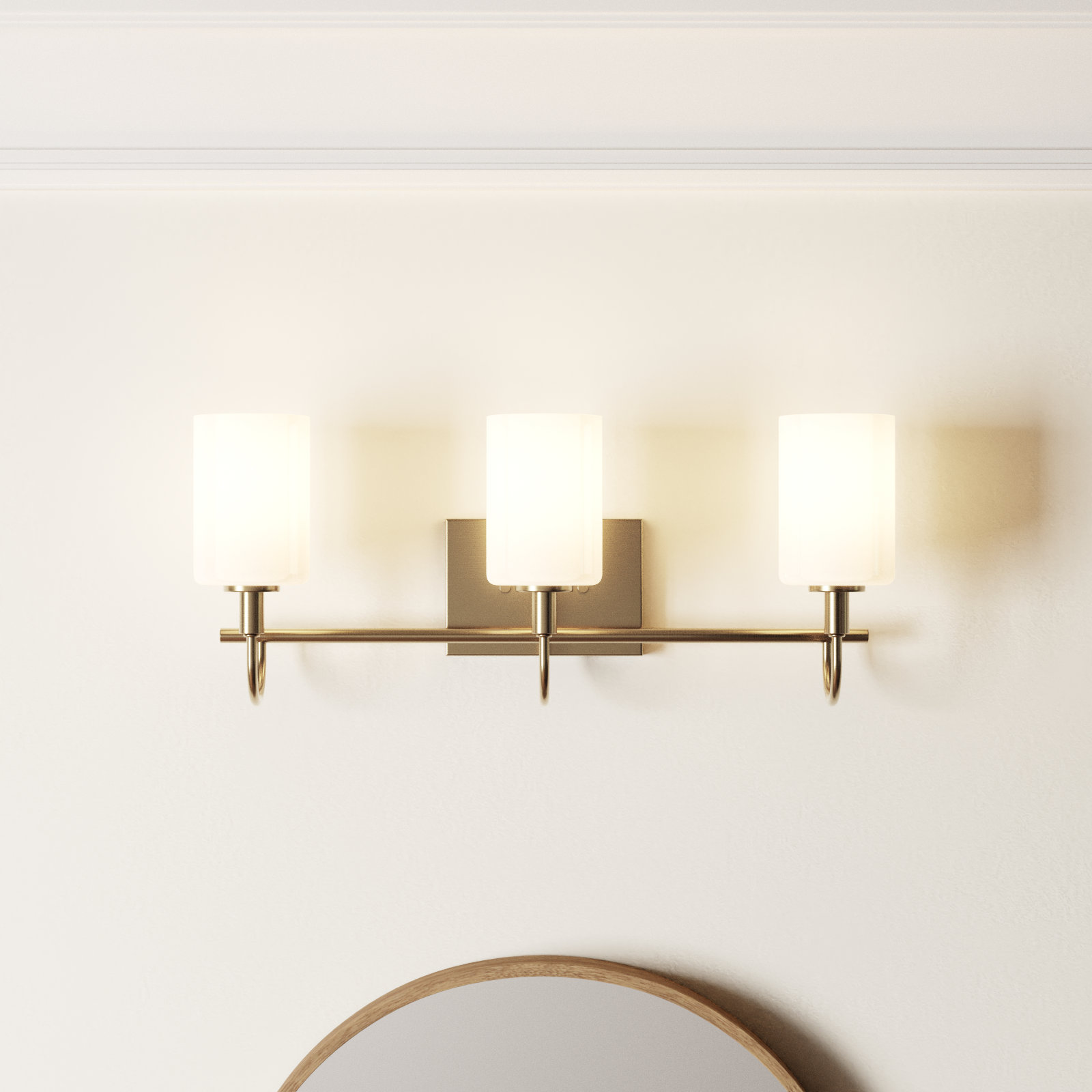 Rowley 3 Light Frosted Dimmable Vanity Light, Satin Brass