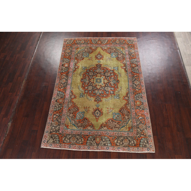 Tapis vert en laine noué à la main de conception unique 6 pi 5 po x 9 pi 6 po
