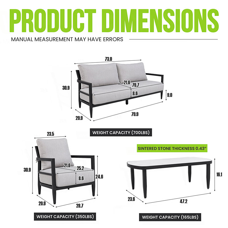 Ensemble de conversation pour l'extérieur 4 pièces avec fauteuils club modernes et table basse en pierre frittée d'inspiration marbre