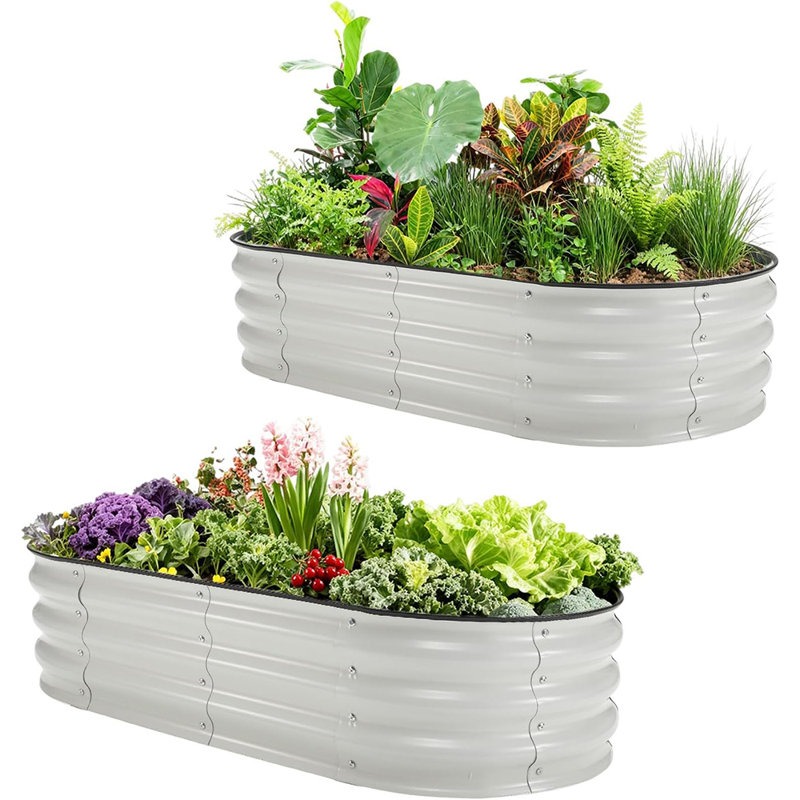 Ensemble de 2 lits de jardin surélevés ovales galvanisés, jardinières sans fond 6 pi x 3 pi x 1 pi en blanc et vert, lits en métal durables pour la plantation à l'extérieur