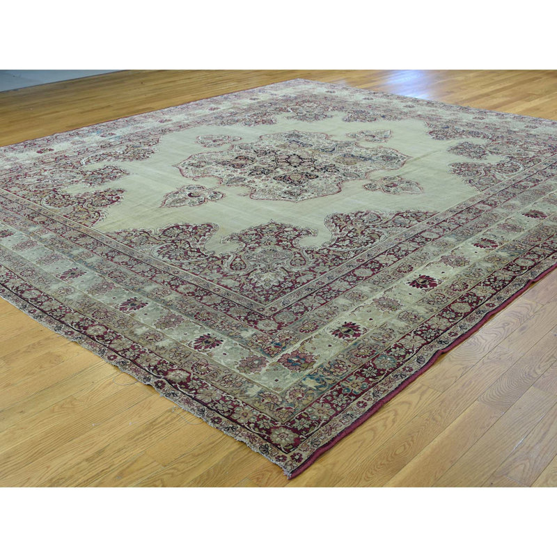 Tapis de bois one-of-kind à la main noué la avant 1900 anatolian vert/brun 10 pi 9 po x 12 pi. zone en laine