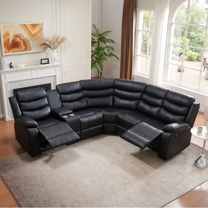 Lacreta Reclining L-Shaped Sectional Living Room Set with Storage Console & Cup Holders, Black Faux Leather