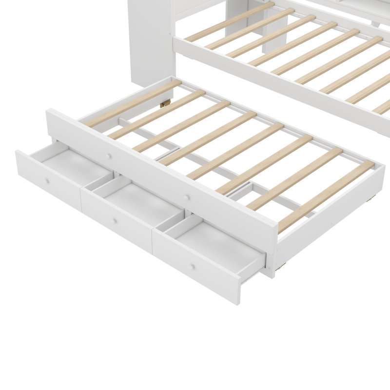 Premium Twin Size Daybed With Trundle – Solid Wood Daybed Frame Featuring Ample Storage Drawers And Side Shelves, Built-In Desk For Multifunctional Use, No Spring Box Needed, White