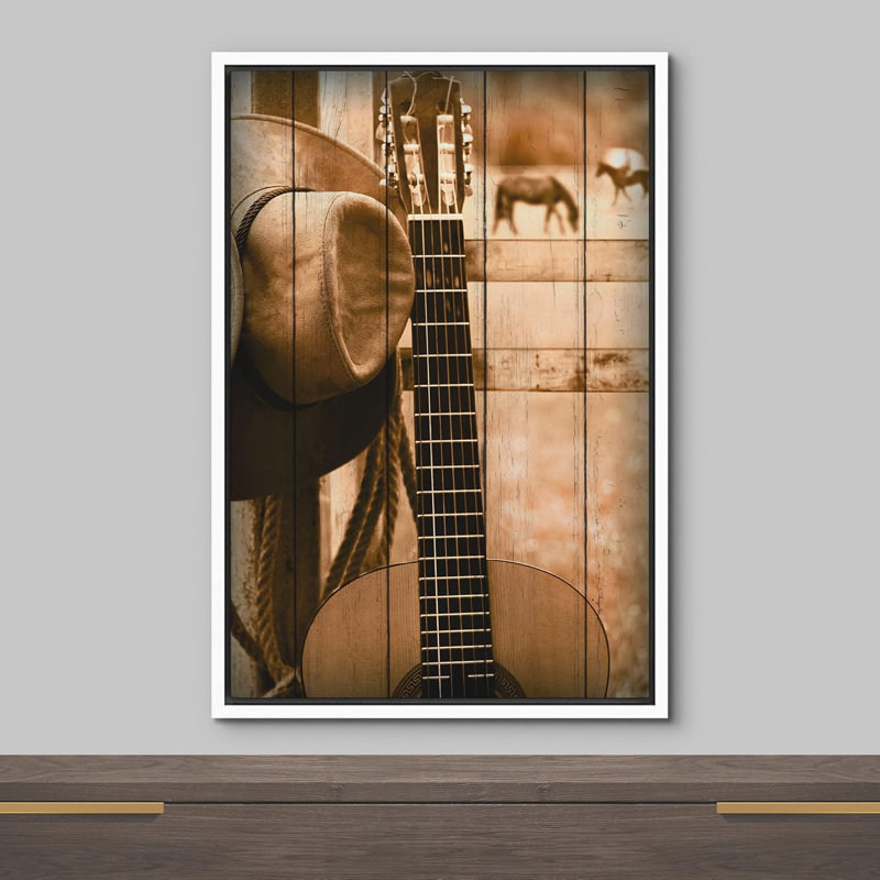 Guitare, chapeau de cowboy, ferme, cheval, ranch, animaux, art numérique, ferme, faune rustique, Cadre flottant blanc