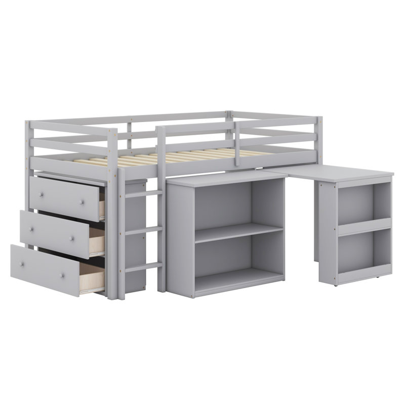 Lit mezzanine pour enfants avec tiroir, tablettes, bureau coulissant et garde-corps, Gris