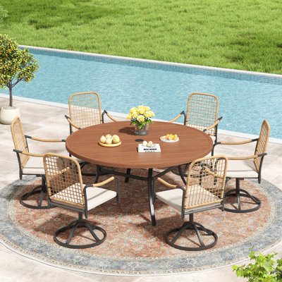 6 - Person Outdoor Dining Set With Cushioned Swivel Woven Rattan Chairs