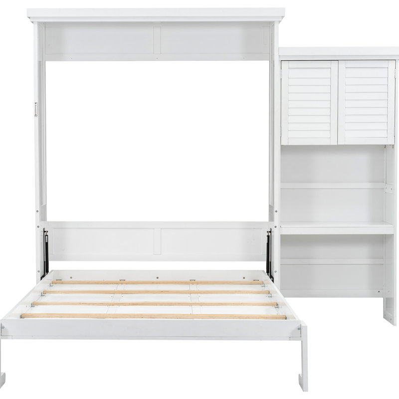 Queen Size White Space - Saving Bed, Louvered Style Storage, Pine Wood
