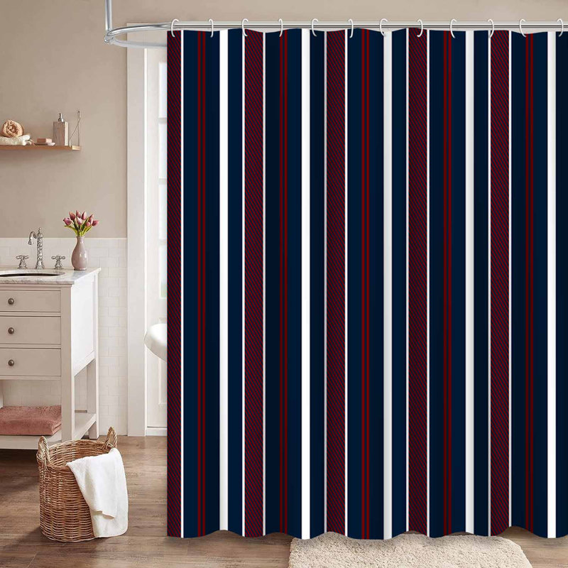 Rideau de douche rayé bleu rouge blanc marine avec 12 crochets, L 72 po x l 84 po