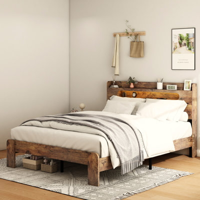 Structure de lit double en bois avec rangement, tête de lit à DEL, 2 ports USB, silencieux, sans sommier, brun foncé
