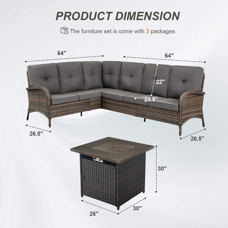 Ensemble de canapé modulaire d'extérieur en L avec table de foyer au propane Valierius, Gris