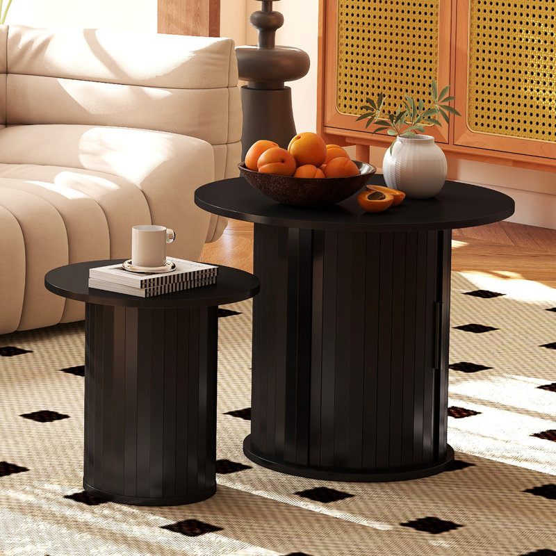 Wooden Nesting Of Coffee Table With Hidden Storage Space, Set Of 2 Round Top Coffee Table Sets With Metal Frame, Black