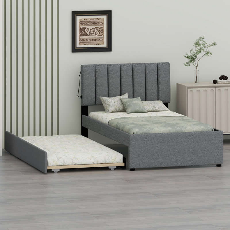 Lit plateforme tapissier avec lit gigogne escamotable, Blanc