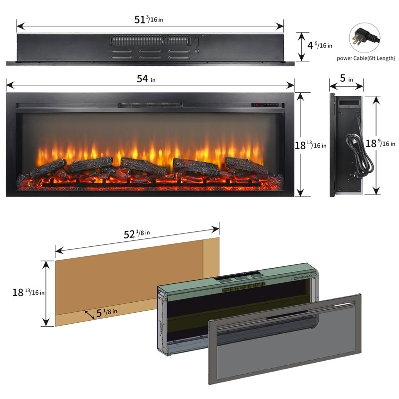 Innoflame 54" Electric Fireplace Insert, Realistic Flame & Resin Log, Adjustable Flame Brightness & Thermostat, Fireplace Heater W/ Remote, Timer, Overheating Protection, 1400w (52 1/8"w X 18 13/16"h)
